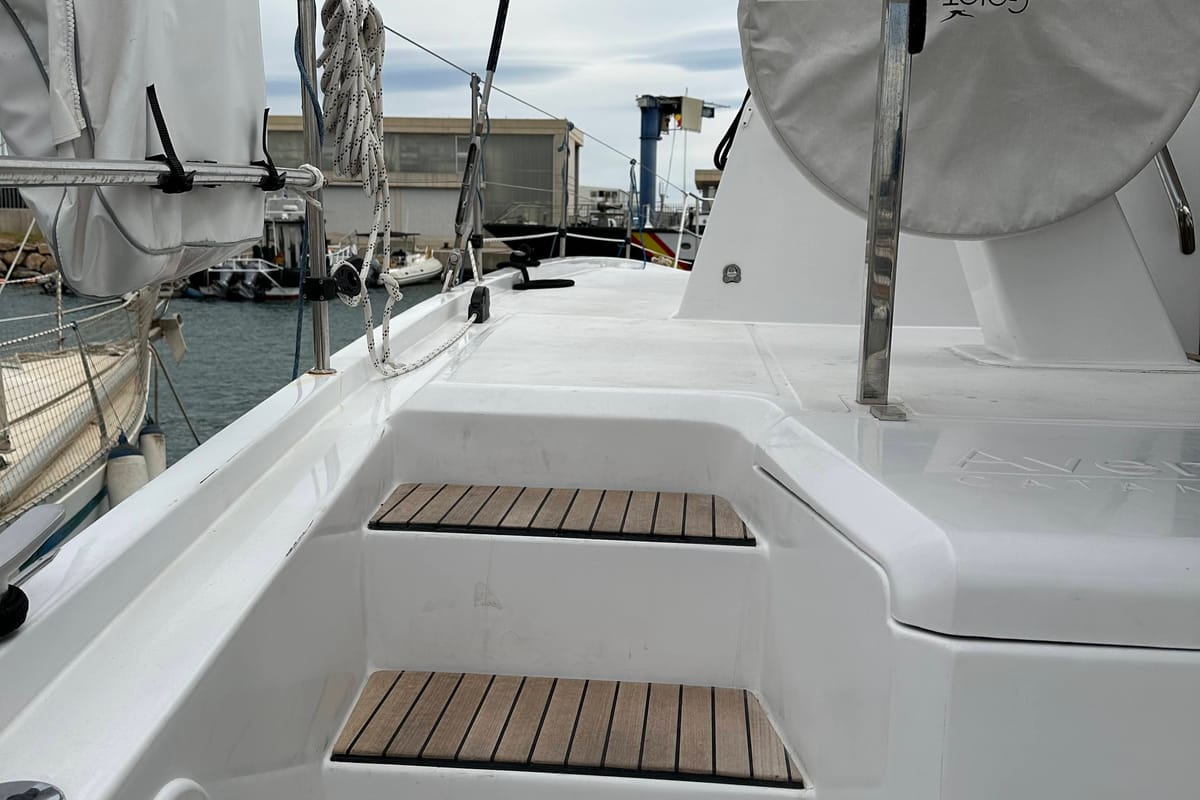 Deck of Manalua, a Aventura Catamarans Aventura 37 catamaran at Valencia, Spain