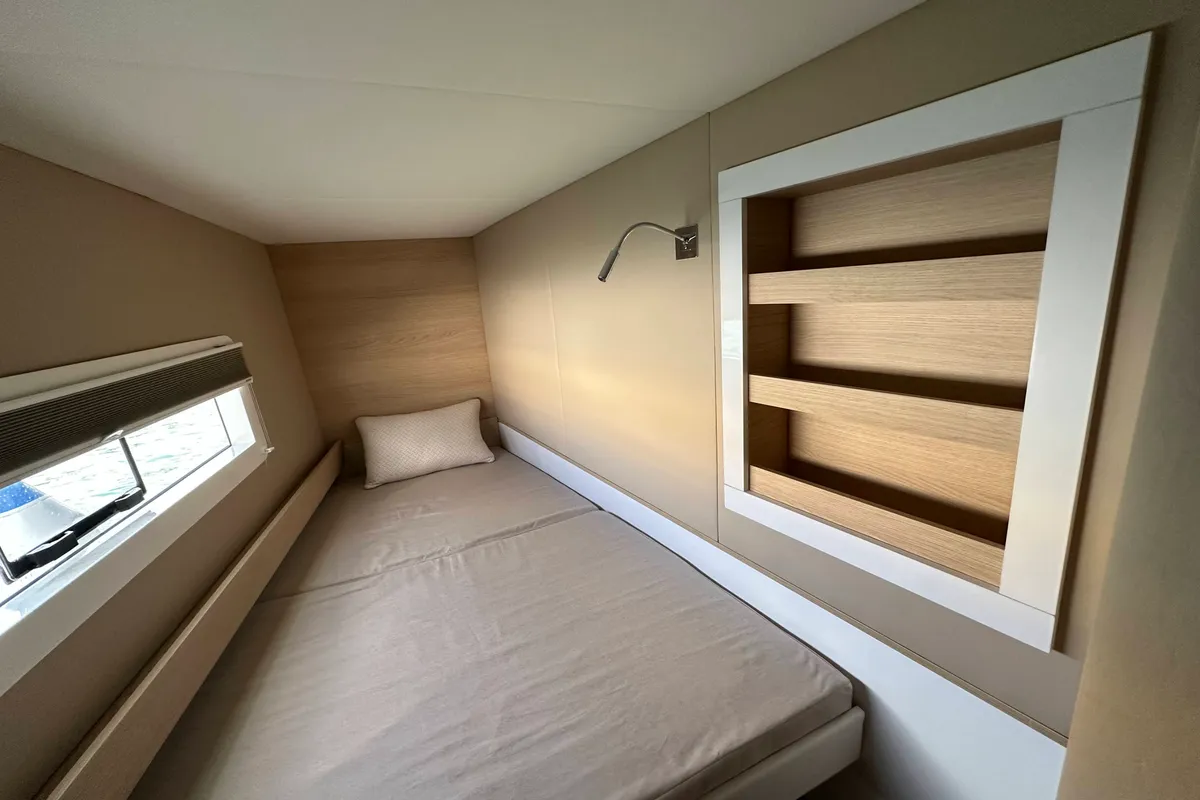 Cabin on Manalua, a Aventura Catamarans Aventura 37 catamaran at Valencia, Spain