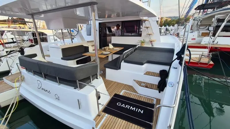 Deck of Manalua, a Aventura Catamarans Aventura 37 catamaran at Valencia, Spain