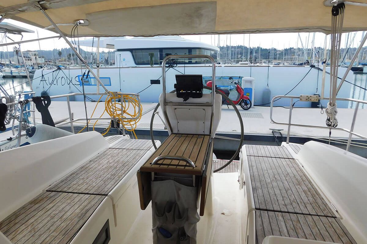 Cockpit of Ifigenia, a Bavaria Cruiser 36 sailboat at Kontokali, Greece