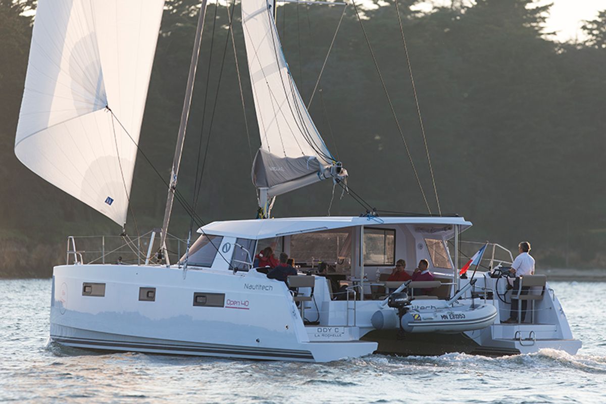 Exterior view of Whale Symphony, a Bavaria Nautitech 40 open NEW catamaran at Tribunj, Croatia
