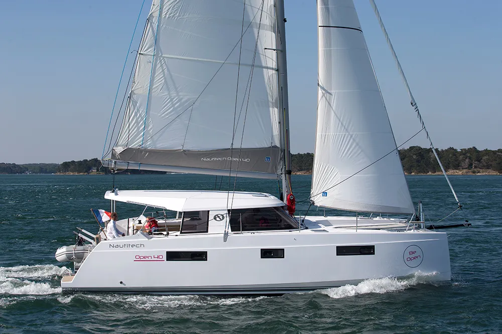 Exterior view of Whale Symphony, a Bavaria Nautitech 40 open NEW catamaran at Tribunj, Croatia