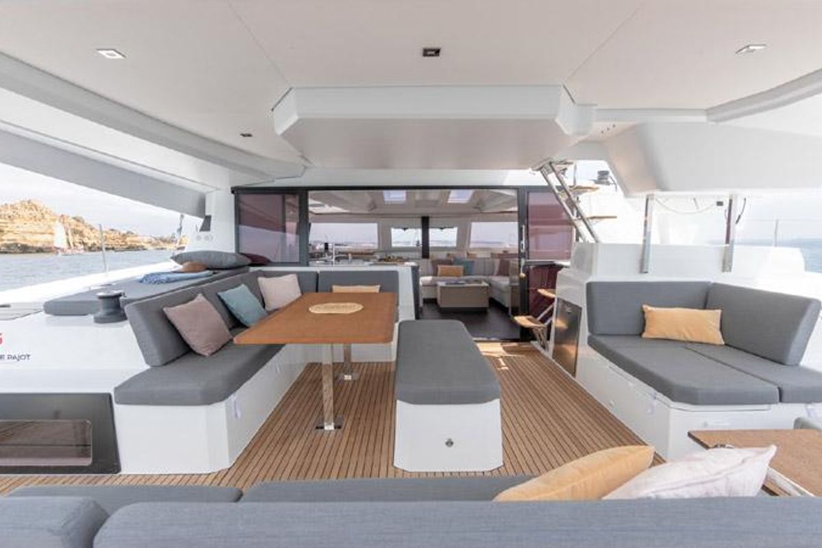 Deck of Seeker, a Fountaine Pajot Elba 45 catamaran at Road Town, British Virgin Islands