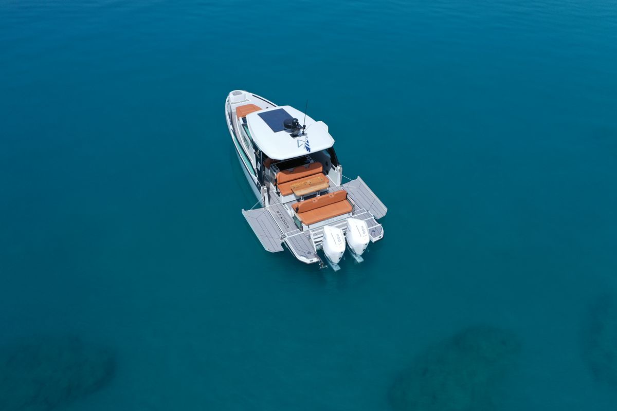 Exterior view of Amelia, a Saxdor Yachts Saxdor 320 GTO motorboat at Municipality of Kalamata, Greece