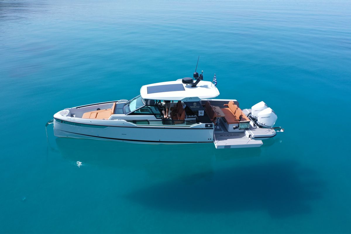 Exterior view of Amelia, a Saxdor Yachts Saxdor 320 GTO motorboat at Municipality of Kalamata, Greece