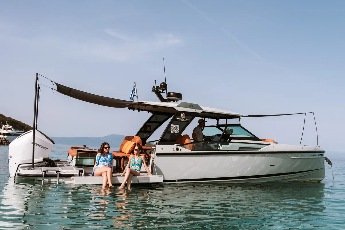 Exterior view of Amelia, a Saxdor Yachts Saxdor 320 GTO motorboat at Municipality of Kalamata, Greece