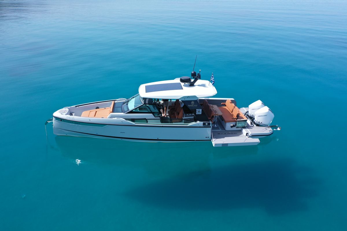 Exterior view of Amelia, a Saxdor Yachts Saxdor 320 GTO motorboat at Municipality of Kalamata, Greece