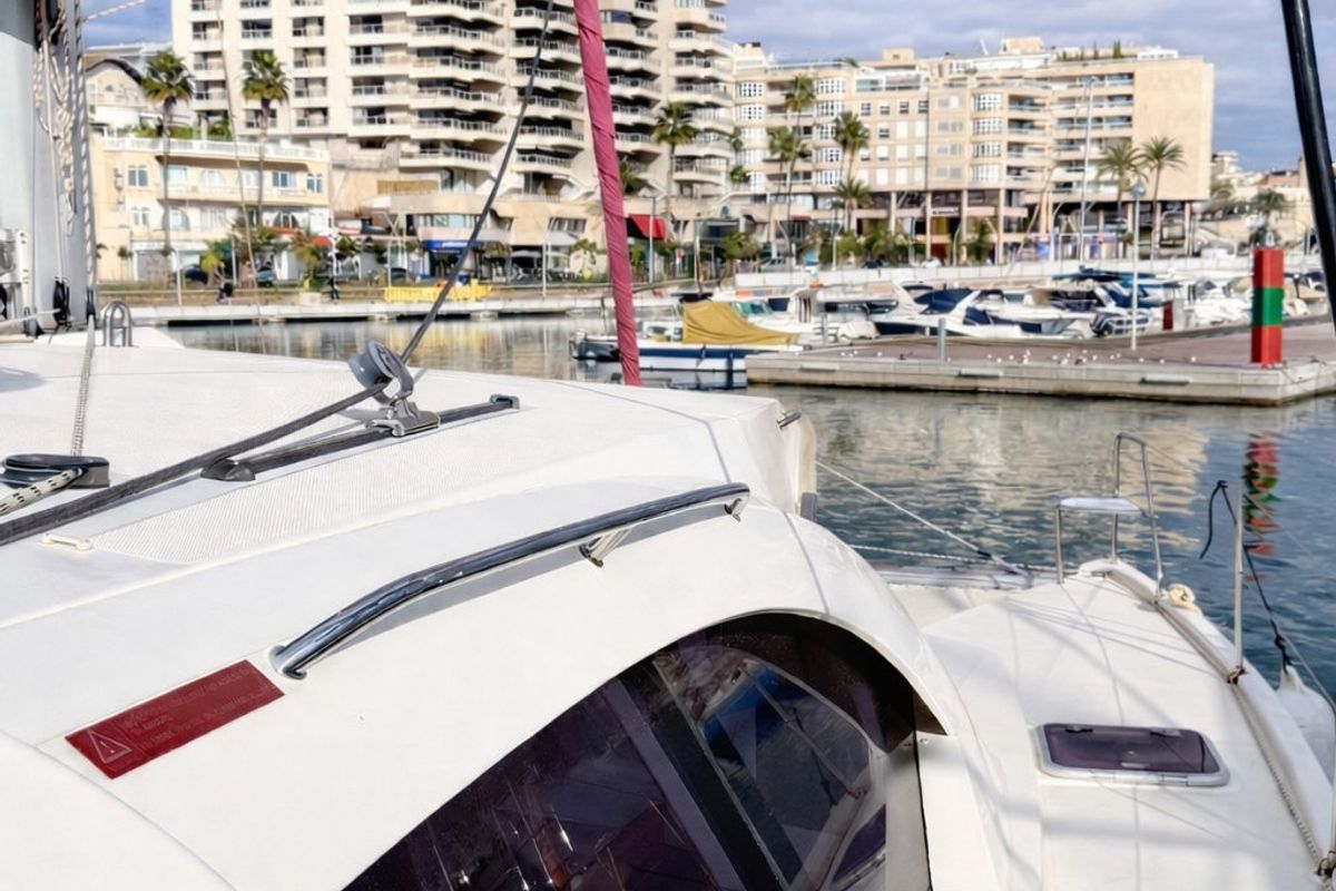Deck of Portals Vells, a Leopard 44 catamaran at Palma de Mallorca, Spain