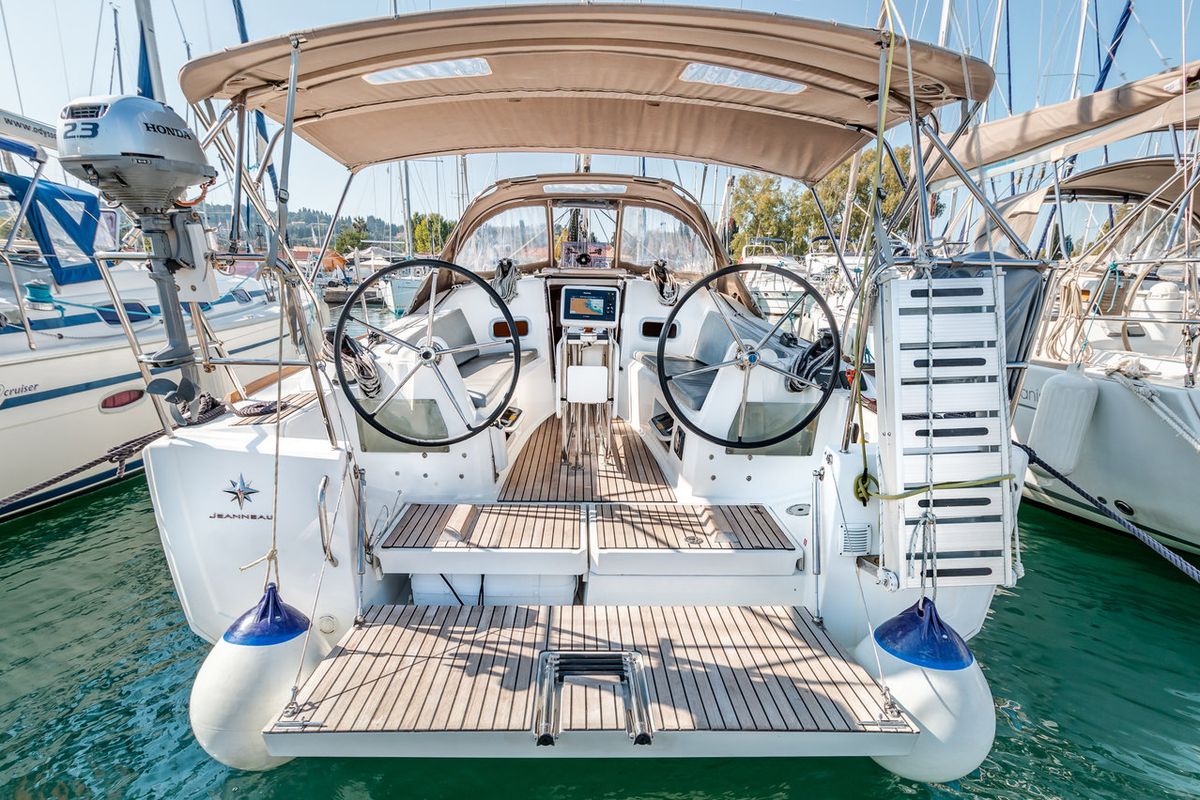 Cockpit of Afrodite, a Jeanneau Sun Odyssey 349 sailboat at Municipal Unit of Palairos, Greece