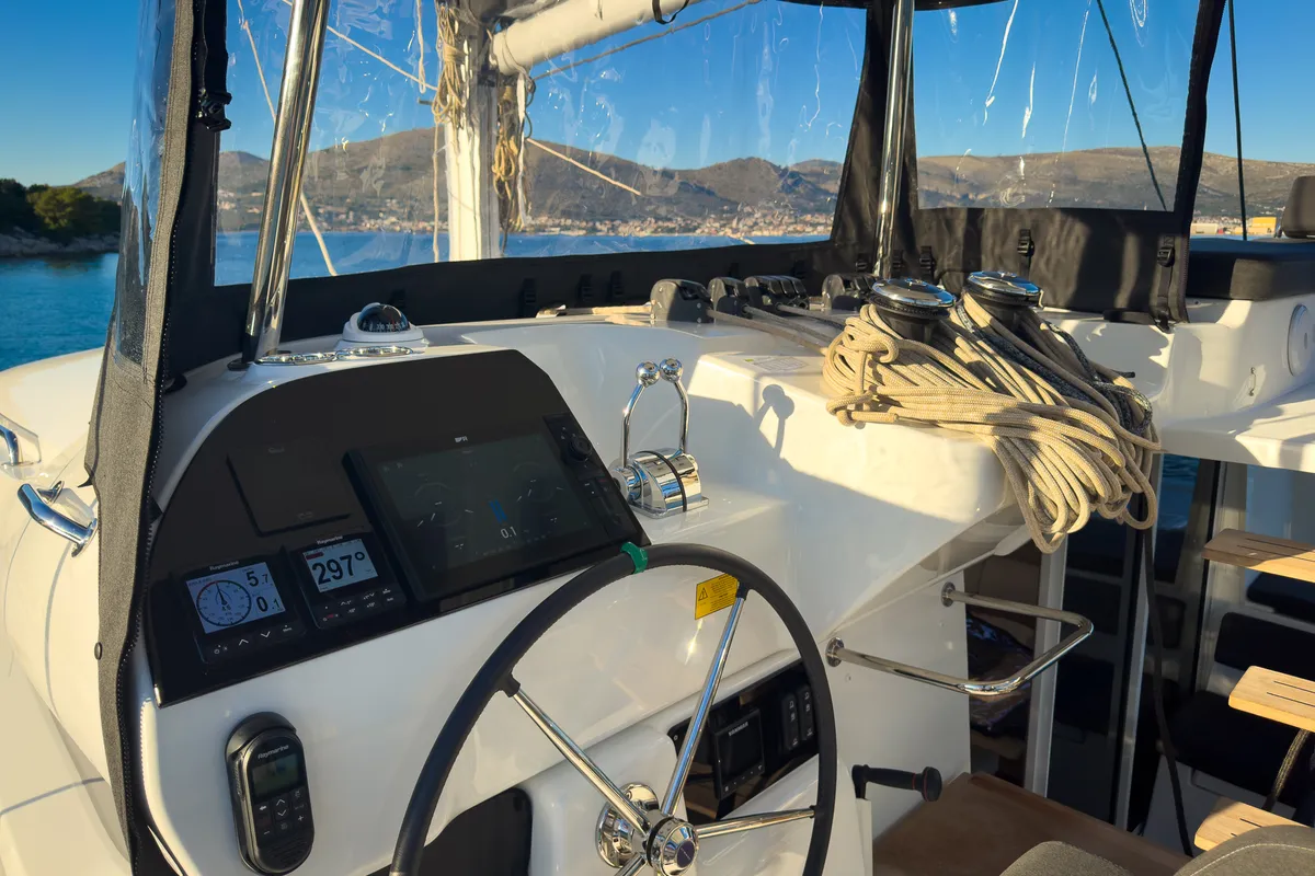 Cockpit of Fox, a Lagoon 43 catamaran at Seget Donji, Croatia