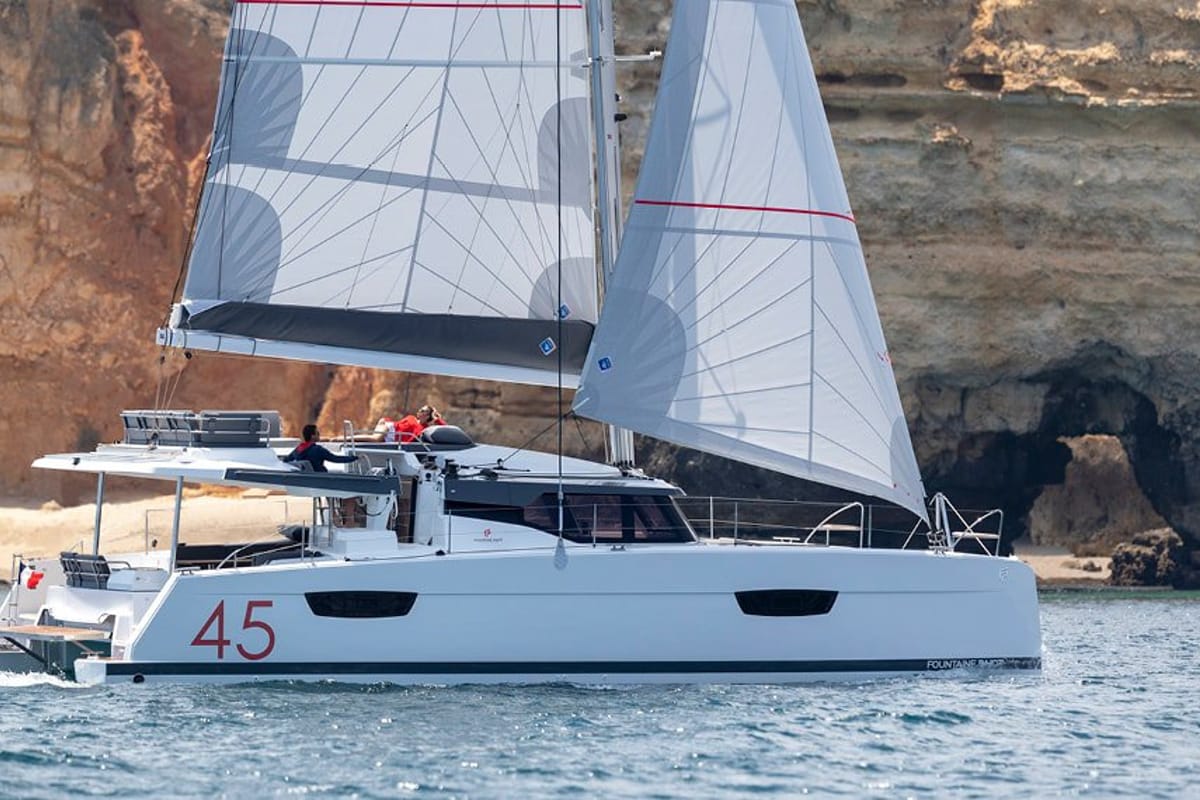 Exterior view of Two Phish, a Fountaine Pajot Elba 45 catamaran at Road Town, British Virgin Islands
