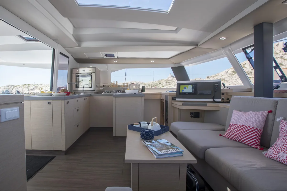 Salon of Timeless Planet, a Fountaine Pajot Astréa 42 catamaran at Marsala, Italy