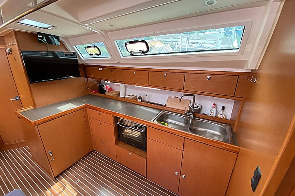 Galley of Altair, a Bavaria Cruiser 46 sailboat at Kotor, Montenegro