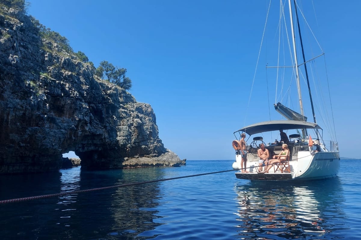 Exterior view of Altair, a Bavaria Cruiser 46 sailboat at Kotor, Montenegro