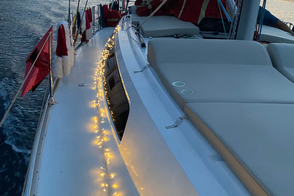 Deck of Altair, a Bavaria Cruiser 46 sailboat at Kotor, Montenegro