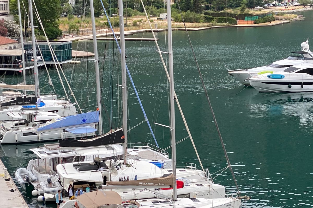 Exterior view of Altair, a Bavaria Cruiser 46 sailboat at Kotor, Montenegro