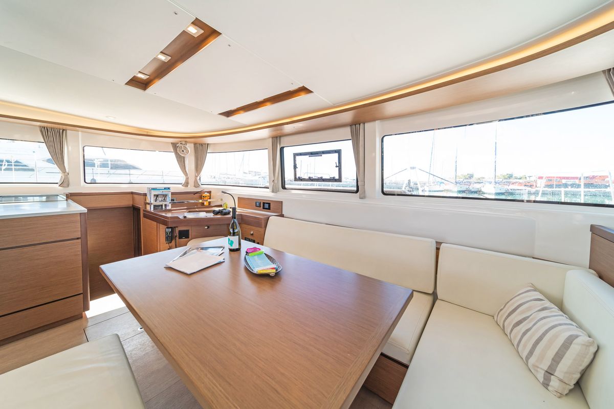 Salon of Harmony, a Lagoon 46 catamaran at Lavreotiki Municipal Unit, Greece