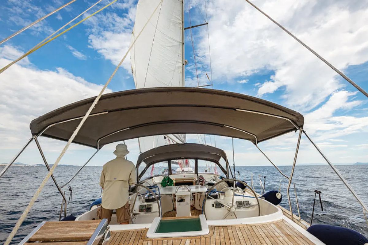 Cockpit of Christianna VIII, a Ocean Star 60.1 sailboat at Athens, Greece