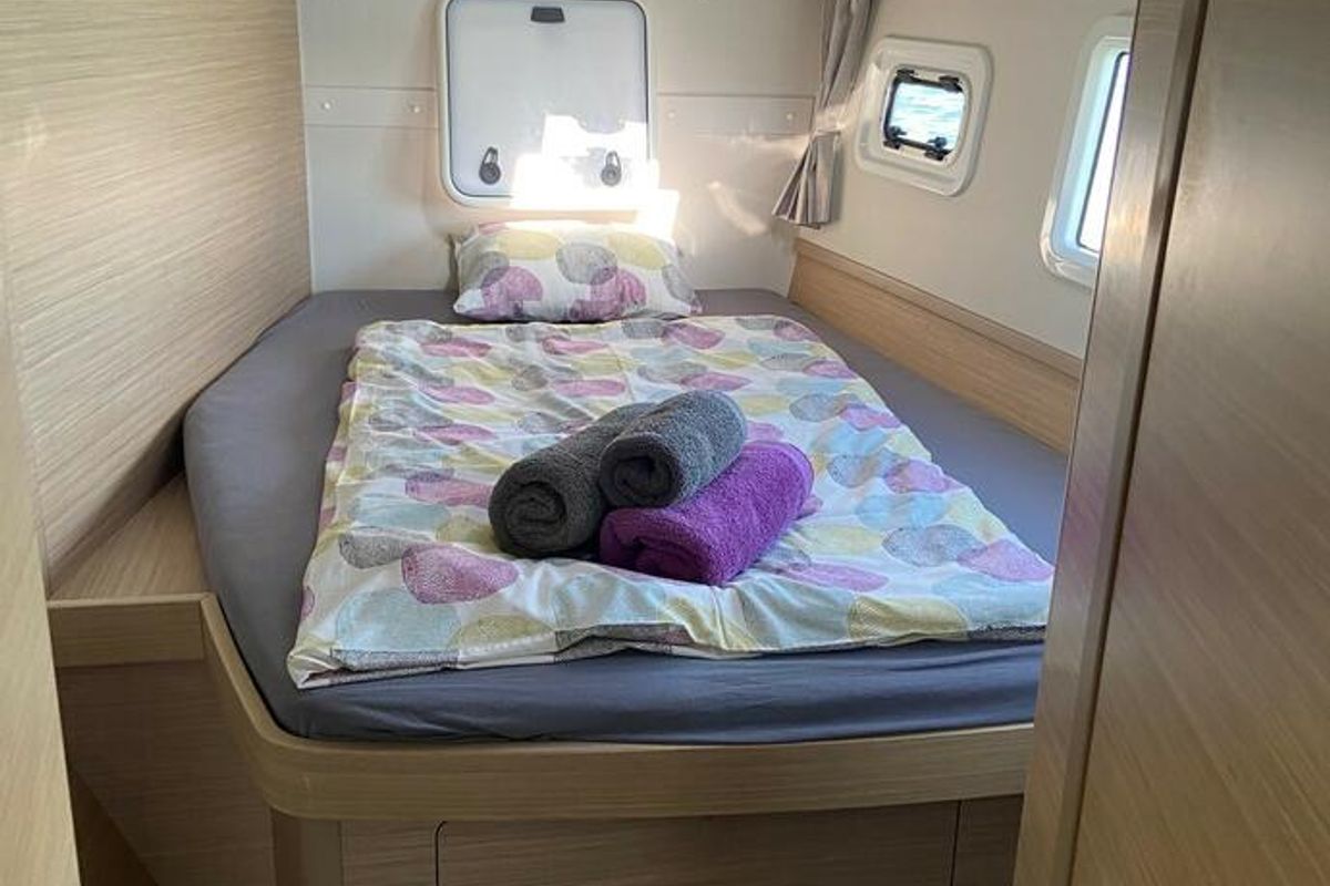 Cabin on Laurencia, a Lagoon 42 catamaran at Felanitx, Spain