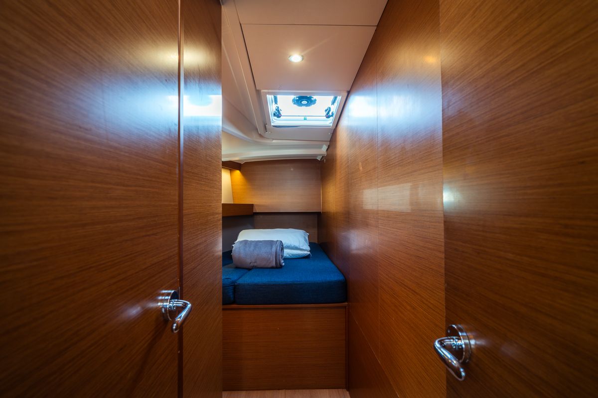 Cabin on Aurora, a Jeanneau Sun Odyssey 490 sailboat at Olbia, Italy
