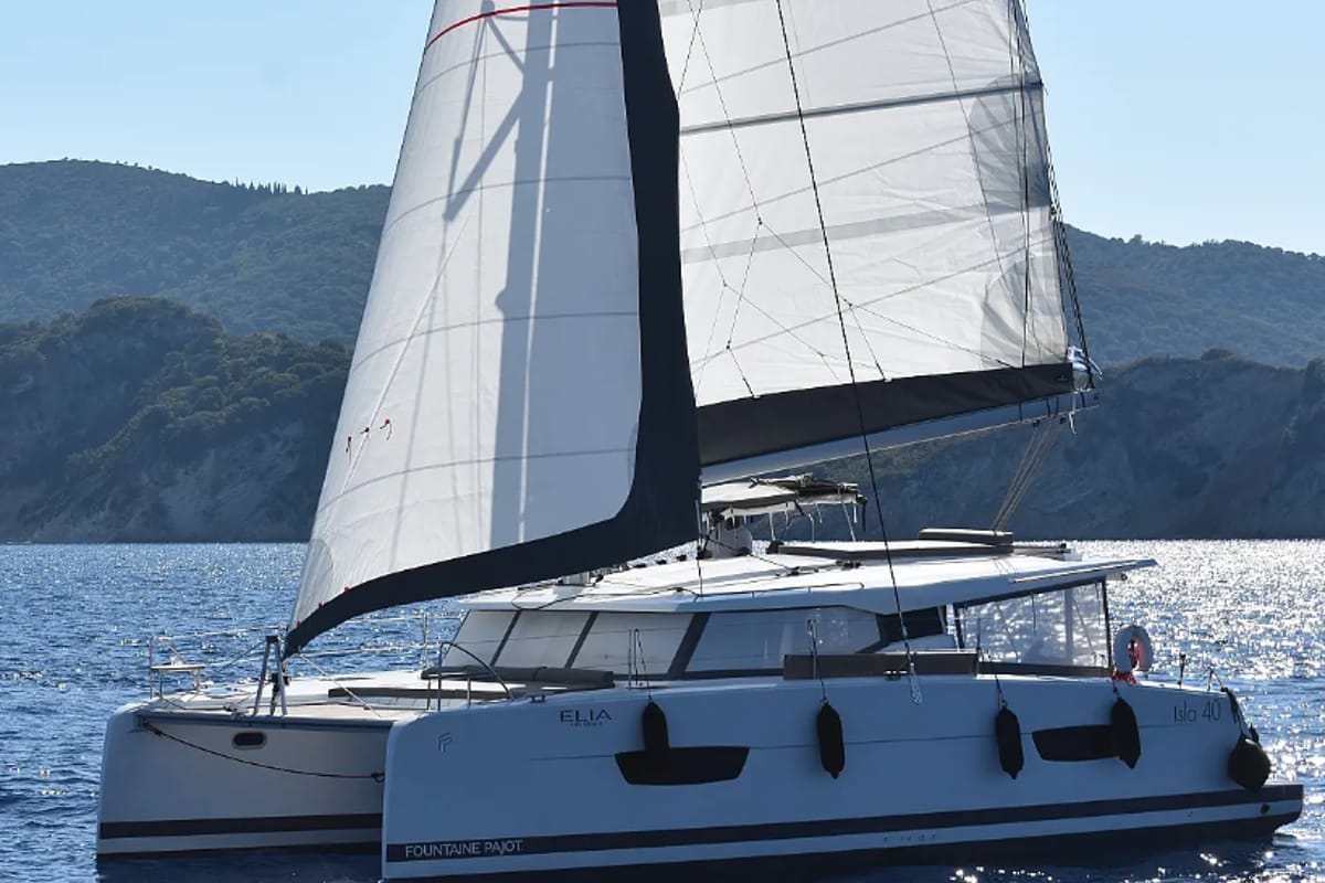 Exterior view of Elia, a Fountaine Pajot Isla 40 catamaran at Municipal Unit of Lefkada, Greece