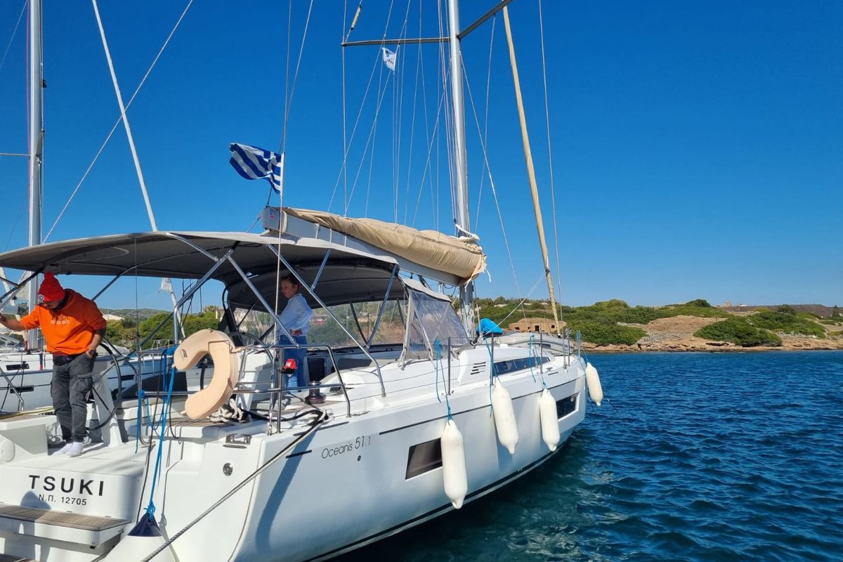 Deck of Tsuki, a Beneteau Oceanis 51.1 sailboat at Lavreotiki Municipal Unit, Greece