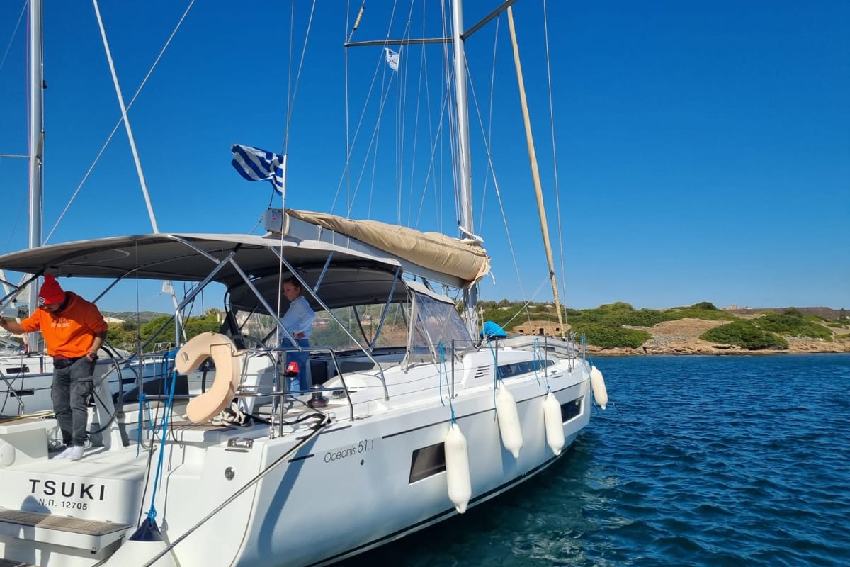 Exterior view of Tsuki, a Beneteau Oceanis 51.1 sailboat at Lavreotiki Municipal Unit, Greece