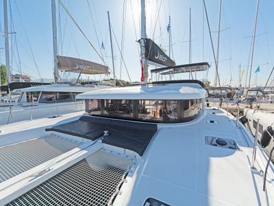 Deck of Playtime, a Lagoon 42 catamaran at Parikia, Greece