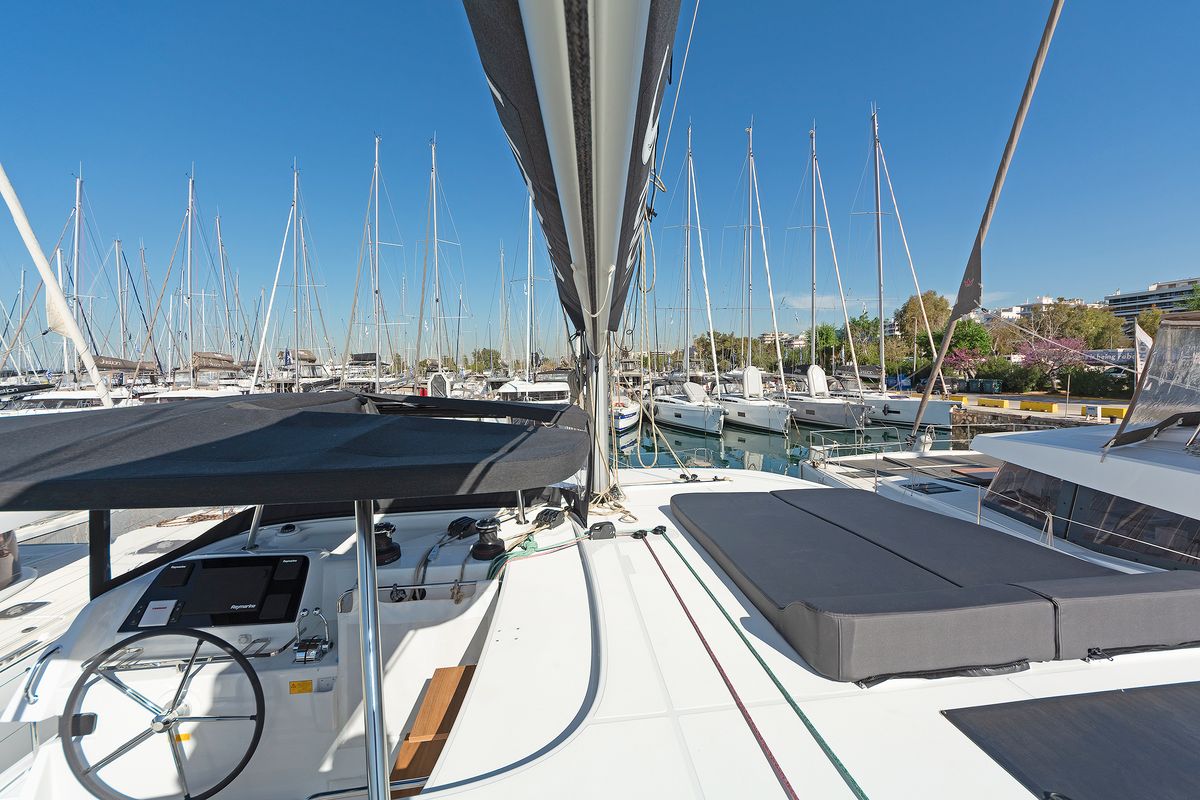 Deck of Playtime, a Lagoon 42 catamaran at Parikia, Greece