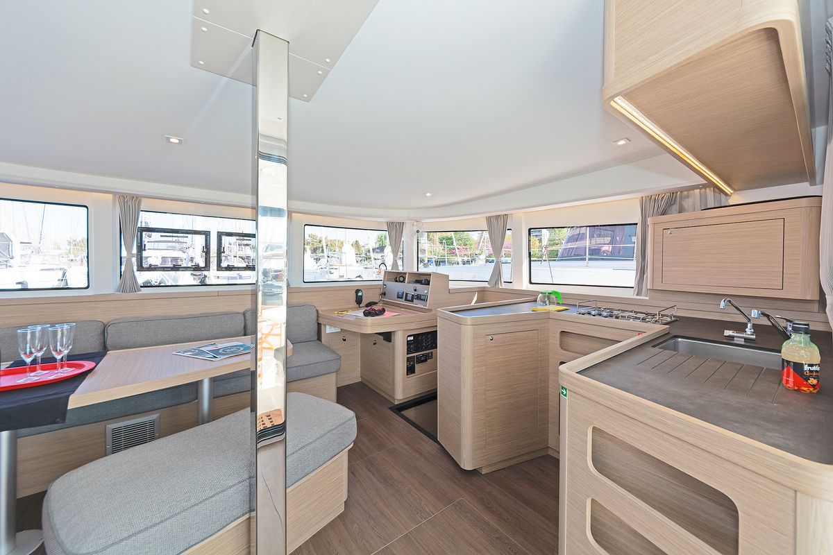 Salon of Playtime, a Lagoon 42 catamaran at Parikia, Greece