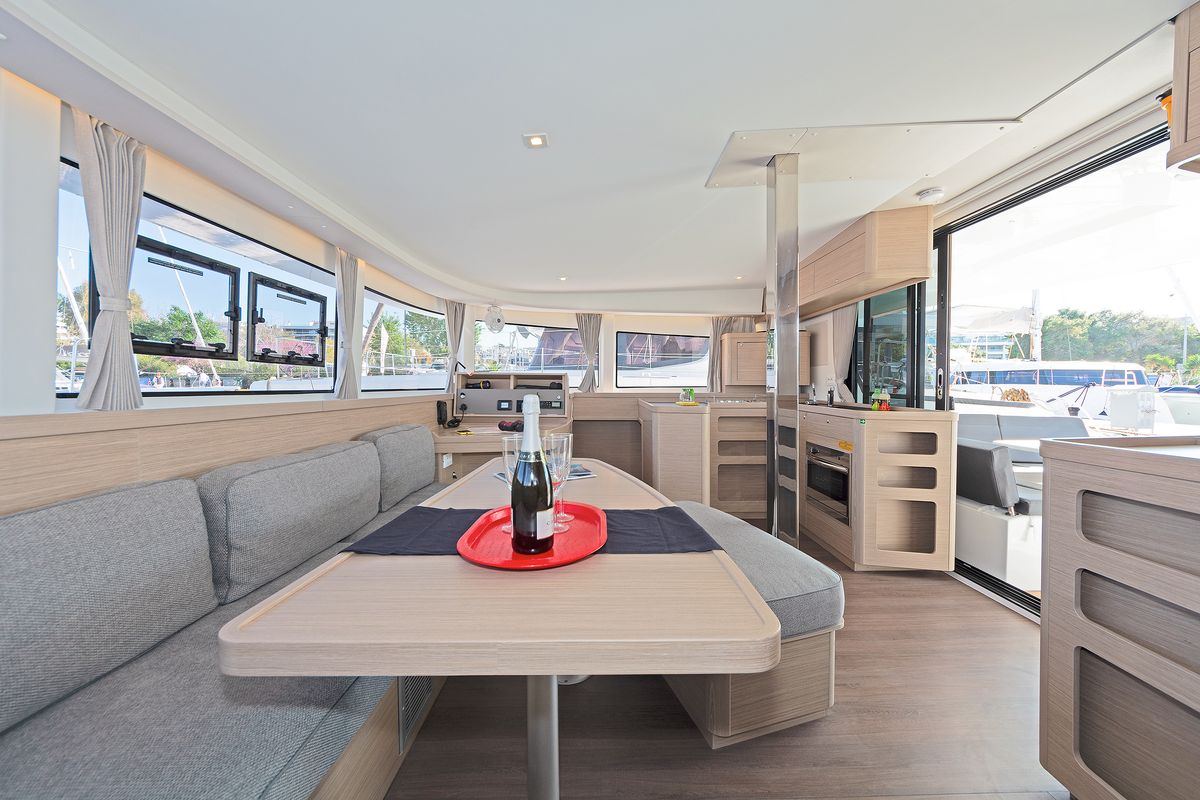 Salon of Playtime, a Lagoon 42 catamaran at Parikia, Greece