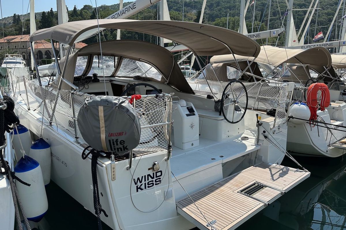 Exterior view of Wind Kiss, a Jeanneau Sun Odyssey 410 sailboat at Dubrovnik, Croatia