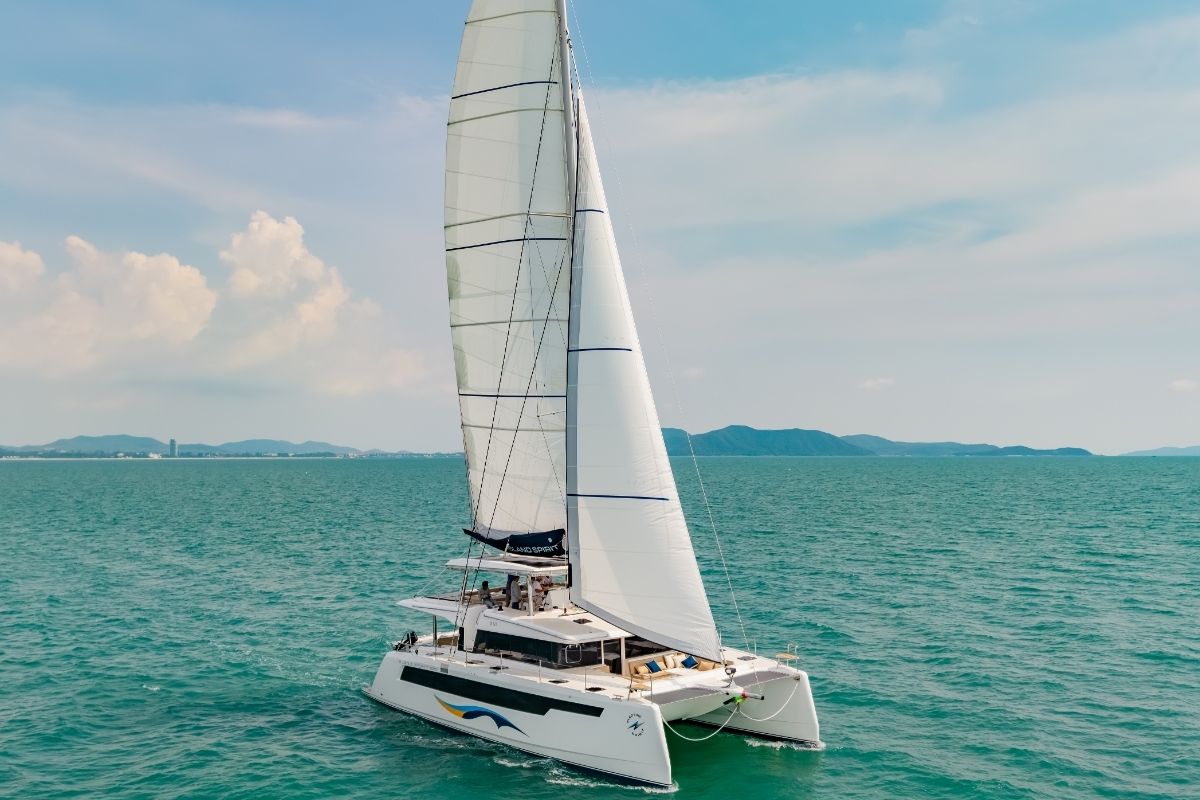 Exterior view of Electric E-Motion, a Island Spirit Yachts Island Spirit 525E catamaran at Mai Khao, Thailand