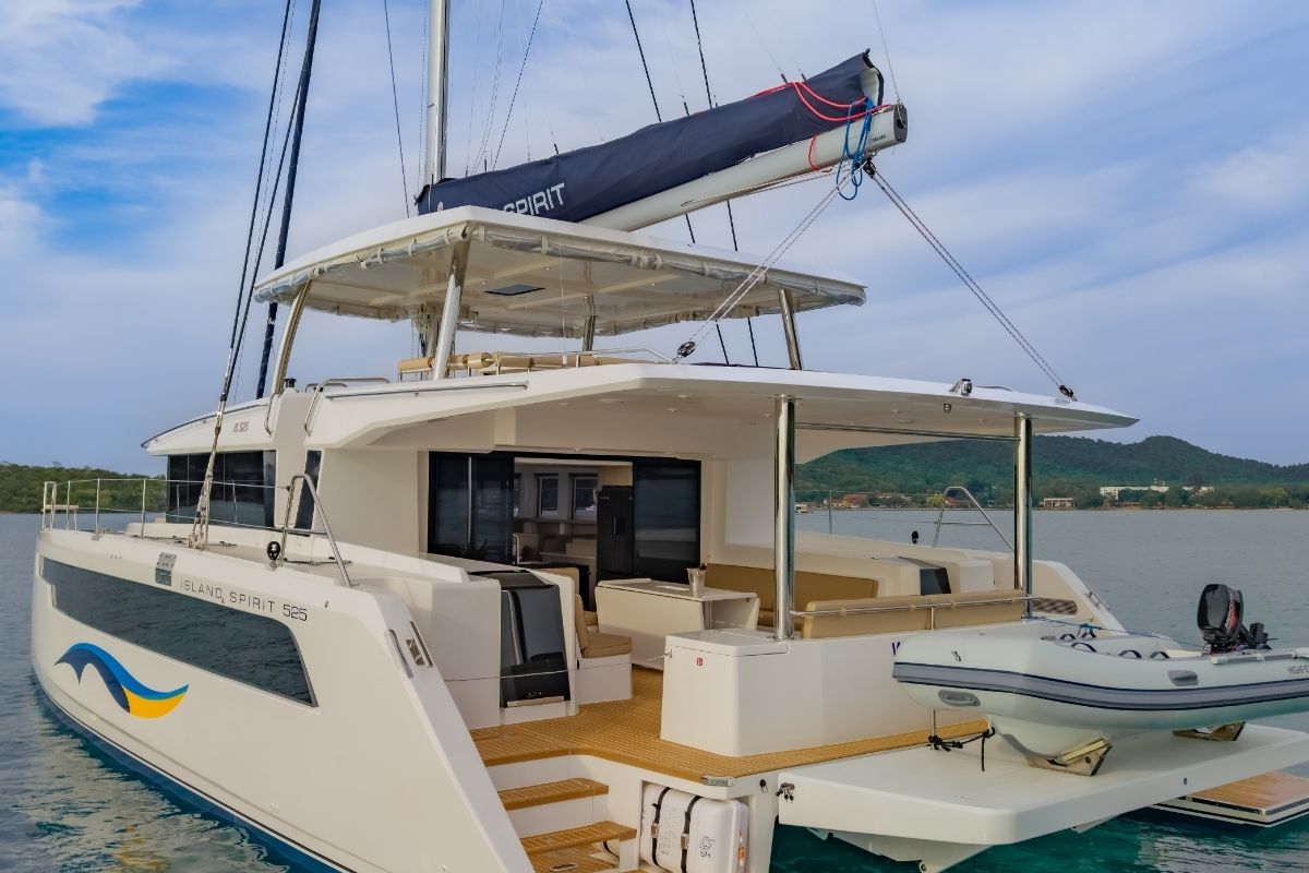 Exterior view of Electric E-Motion, a Island Spirit Yachts Island Spirit 525E catamaran at Mai Khao, Thailand