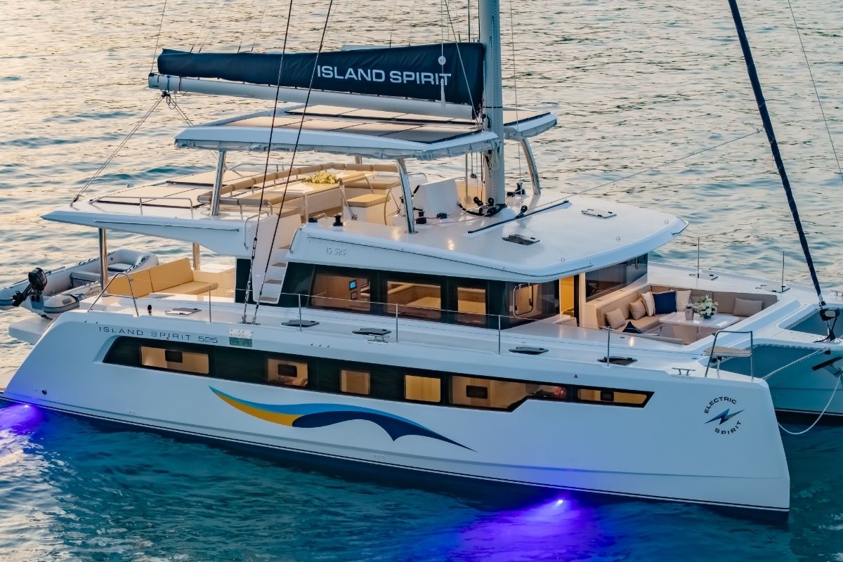 Exterior view of Electric E-Motion, a Island Spirit Yachts Island Spirit 525E catamaran at Mai Khao, Thailand