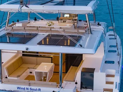 Deck of Electric E-Motion, a Island Spirit Yachts Island Spirit 525E catamaran at Mai Khao, Thailand