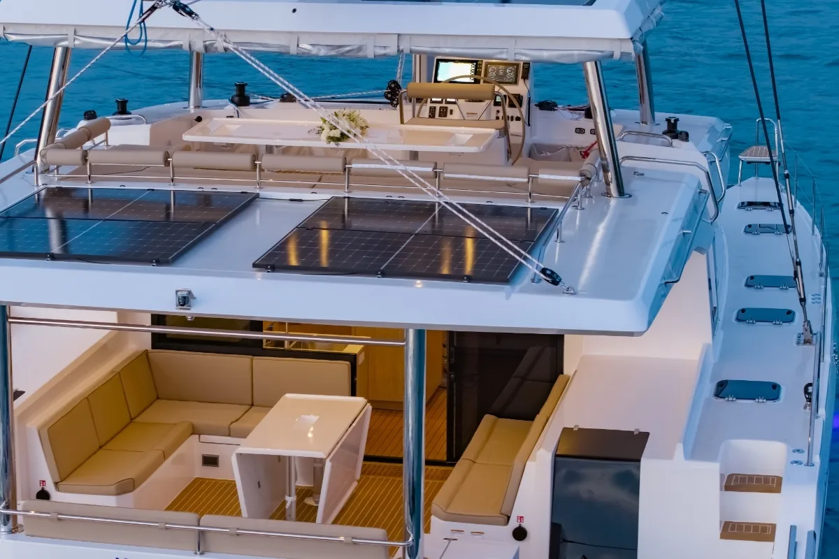 Deck of Electric E-Motion, a Island Spirit Yachts Island Spirit 525E catamaran at Mai Khao, Thailand