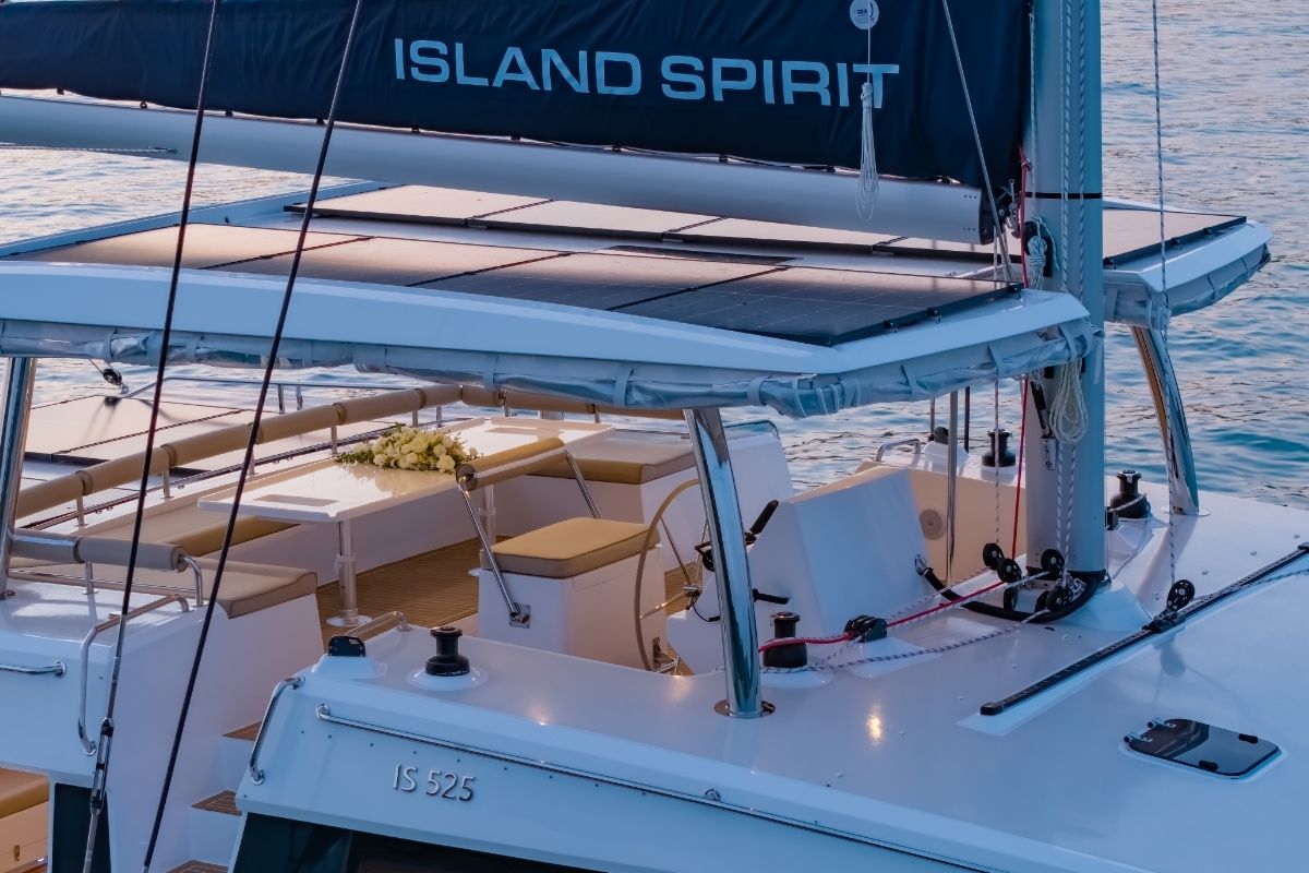Cockpit of Electric E-Motion, a Island Spirit Yachts Island Spirit 525E catamaran at Mai Khao, Thailand