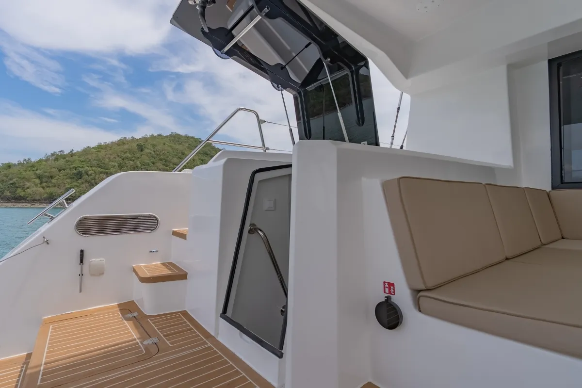 Deck of Electric E-Motion, a Island Spirit Yachts Island Spirit 525E catamaran at Mai Khao, Thailand