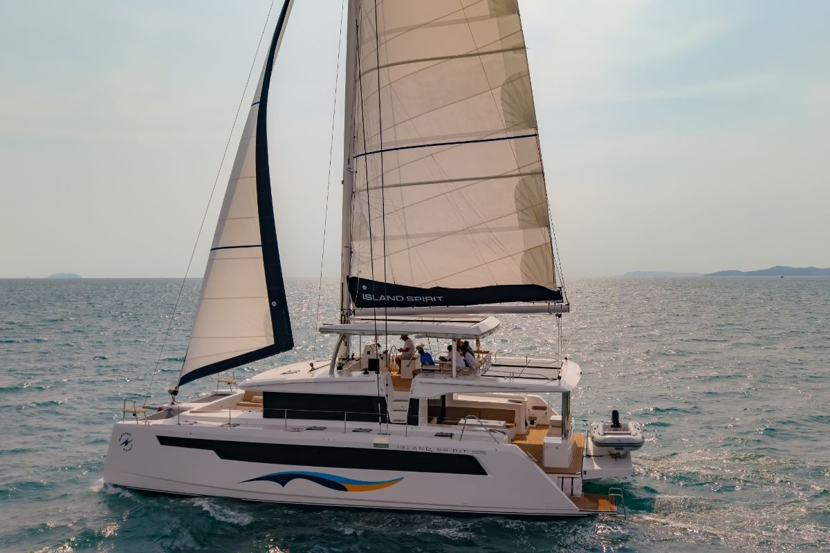 Exterior view of Electric E-Motion, a Island Spirit Yachts Island Spirit 525E catamaran at Mai Khao, Thailand