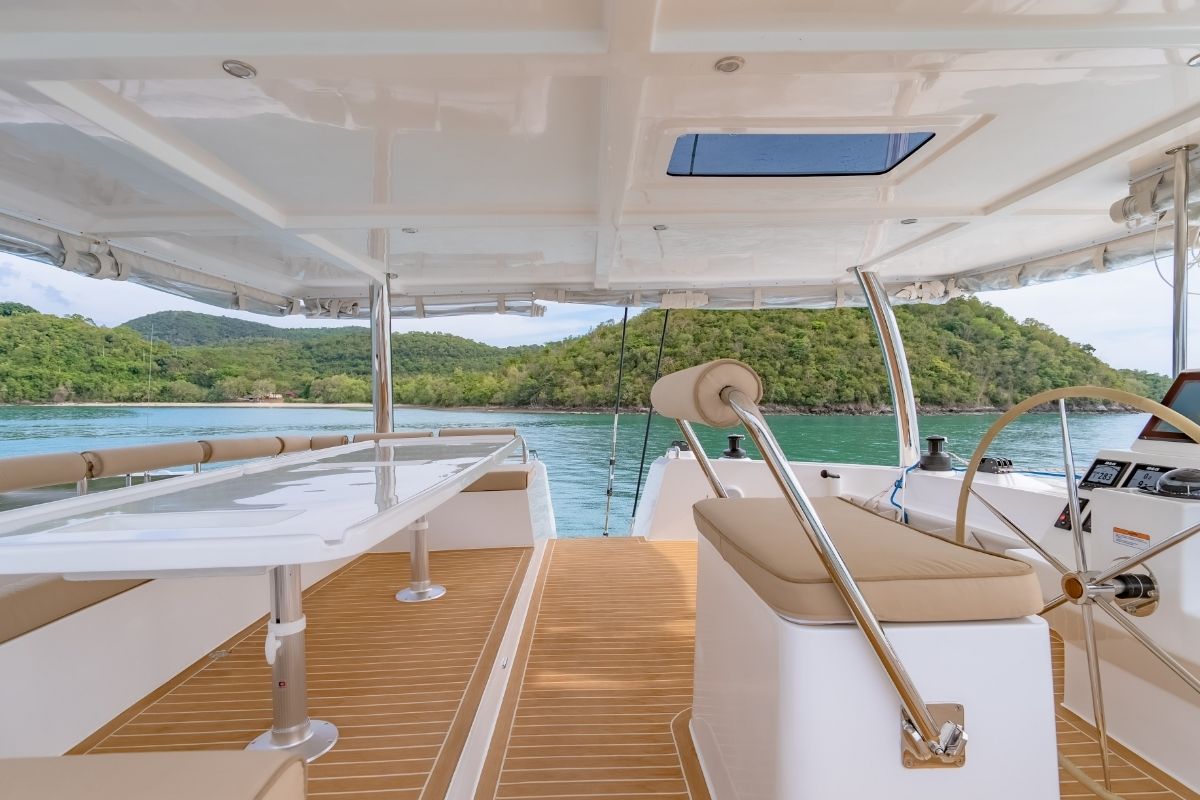Deck of Electric E-Motion, a Island Spirit Yachts Island Spirit 525E catamaran at Mai Khao, Thailand