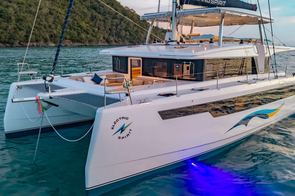 Exterior view of Electric E-Motion, a Island Spirit Yachts Island Spirit 525E catamaran at Mai Khao, Thailand