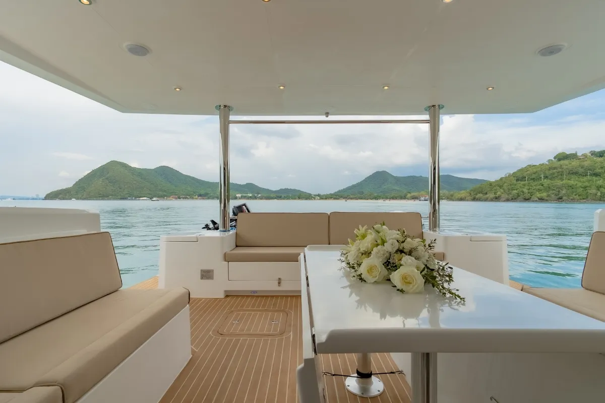 Deck of Electric E-Motion, a Island Spirit Yachts Island Spirit 525E catamaran at Mai Khao, Thailand