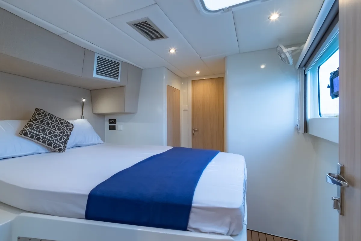 Cabin on Electric E-Motion, a Island Spirit Yachts Island Spirit 525E catamaran at Mai Khao, Thailand