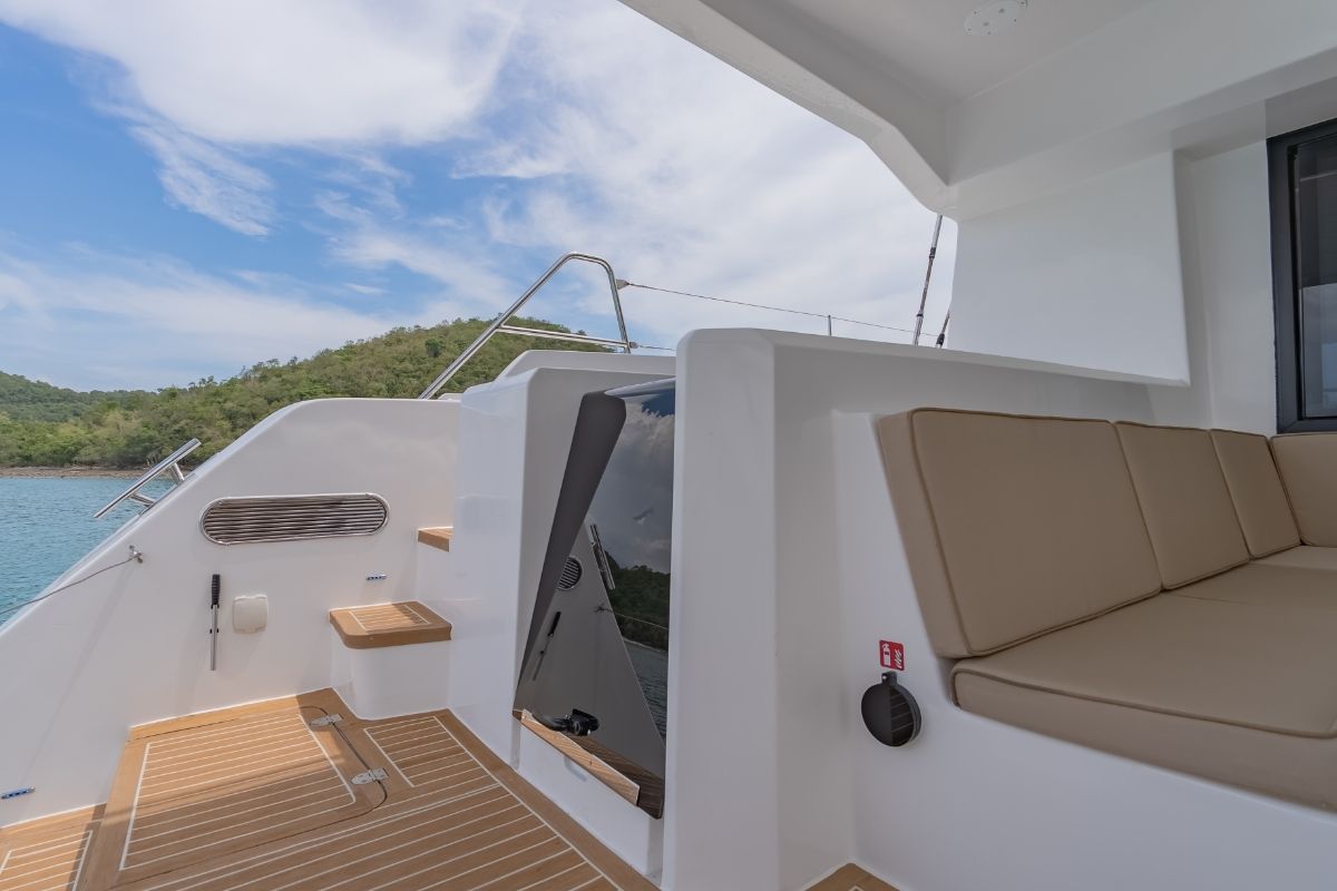 Deck of Electric E-Motion, a Island Spirit Yachts Island Spirit 525E catamaran at Mai Khao, Thailand