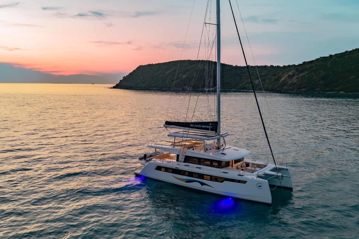 Exterior view of Electric E-Motion, a Island Spirit Yachts Island Spirit 525E catamaran at Mai Khao, Thailand