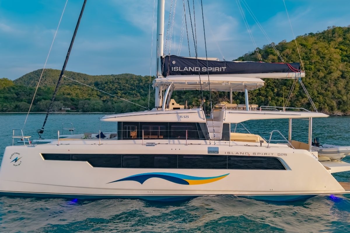 Exterior view of Electric E-Motion, a Island Spirit Yachts Island Spirit 525E catamaran at Mai Khao, Thailand