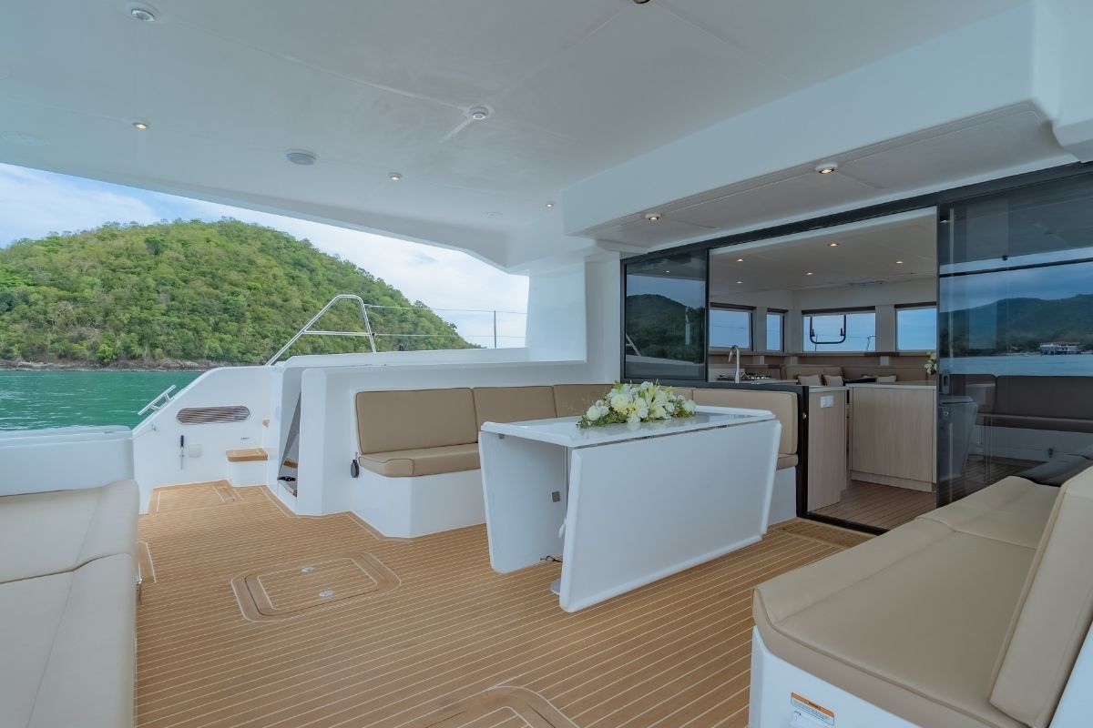Deck of Electric E-Motion, a Island Spirit Yachts Island Spirit 525E catamaran at Mai Khao, Thailand