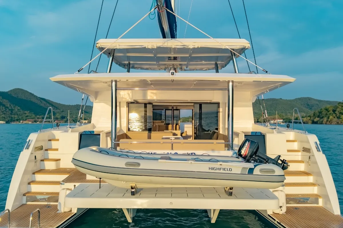 Exterior view of Electric E-Motion, a Island Spirit Yachts Island Spirit 525E catamaran at Mai Khao, Thailand