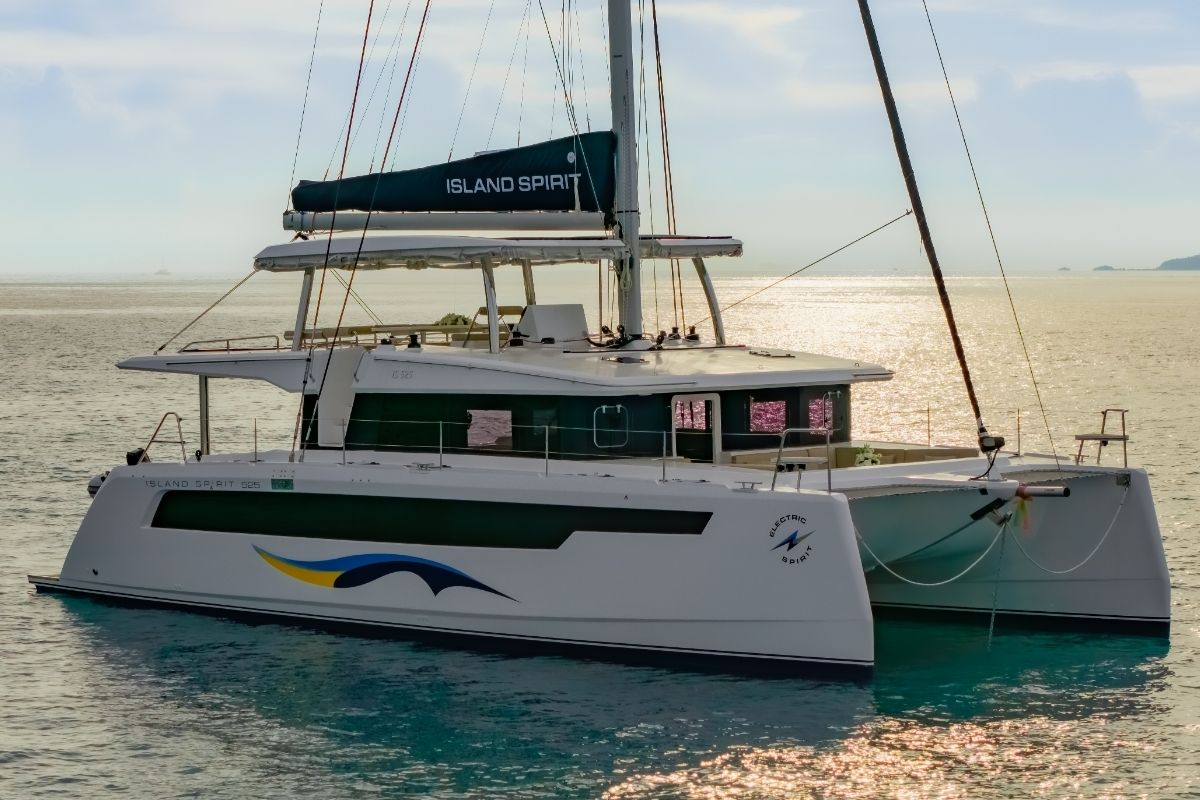 Exterior view of Electric E-Motion, a Island Spirit Yachts Island Spirit 525E catamaran at Mai Khao, Thailand